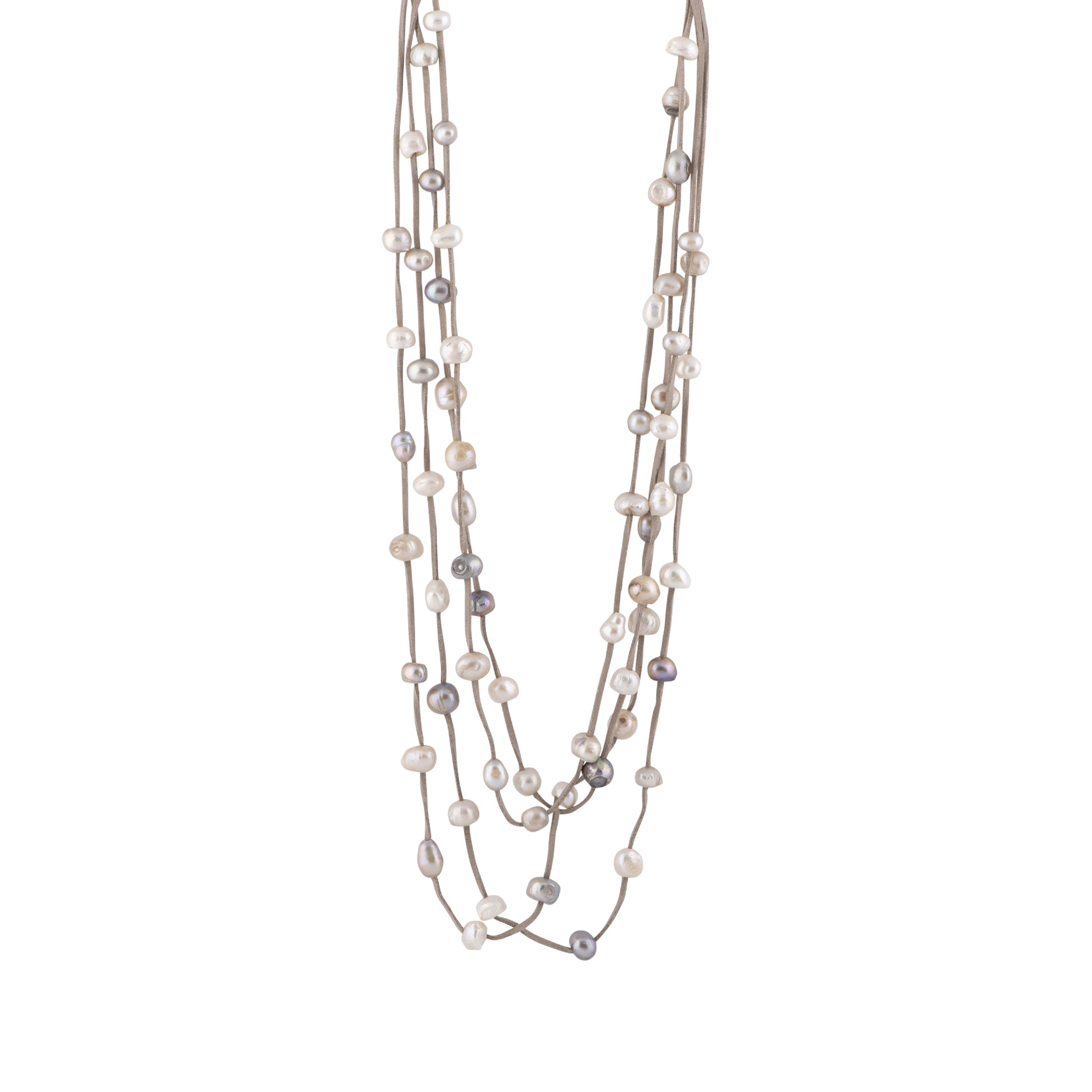 Julie - Multi strand suede necklace with pearls (Grey suede, multicolor pearls)