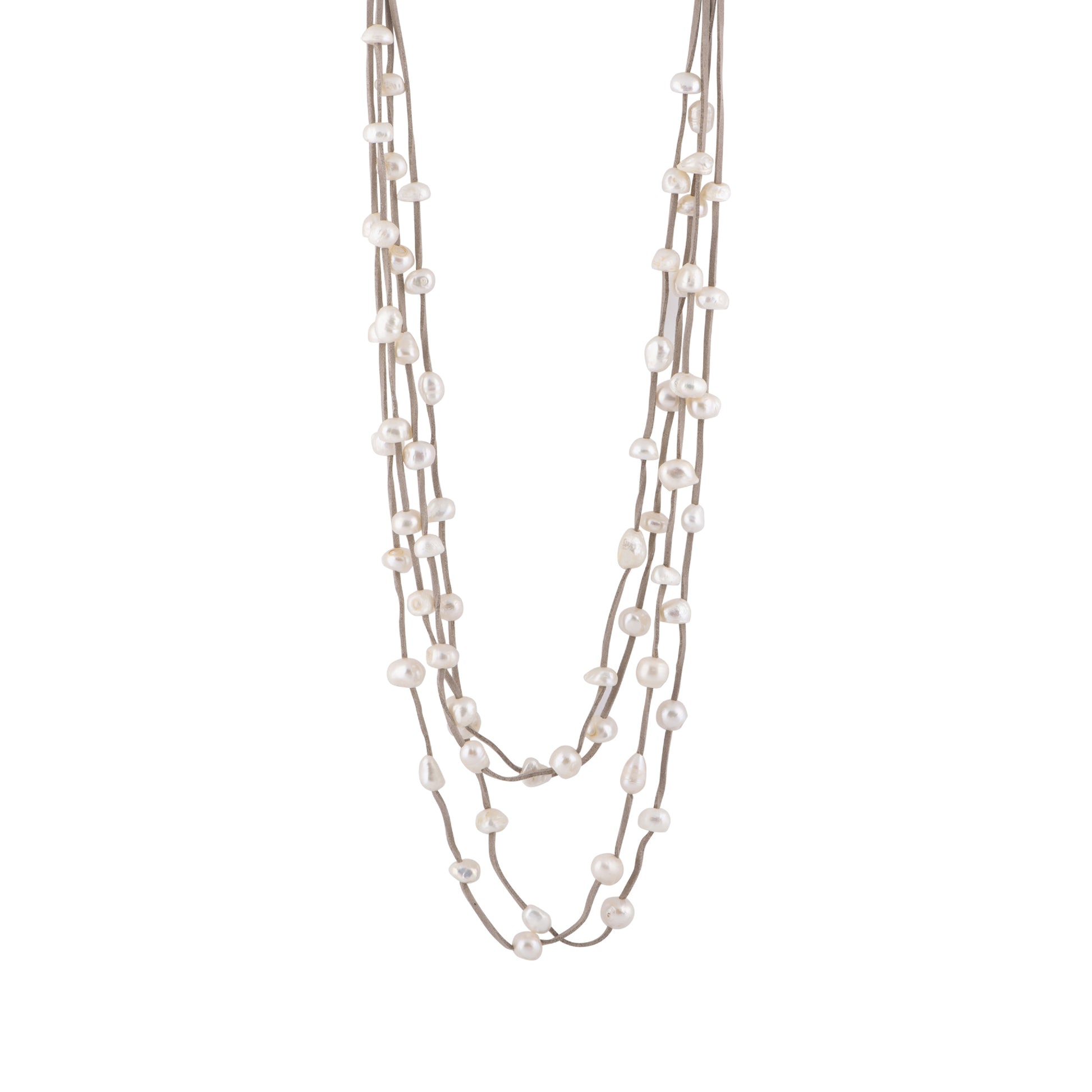 Julie - Multi strand suede necklace with pearls (Grey suede, white pearls)