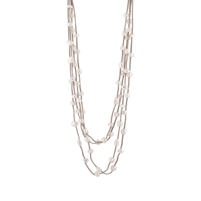 Julie - Multi strand suede necklace with pearls (Grey suede, white pearls)