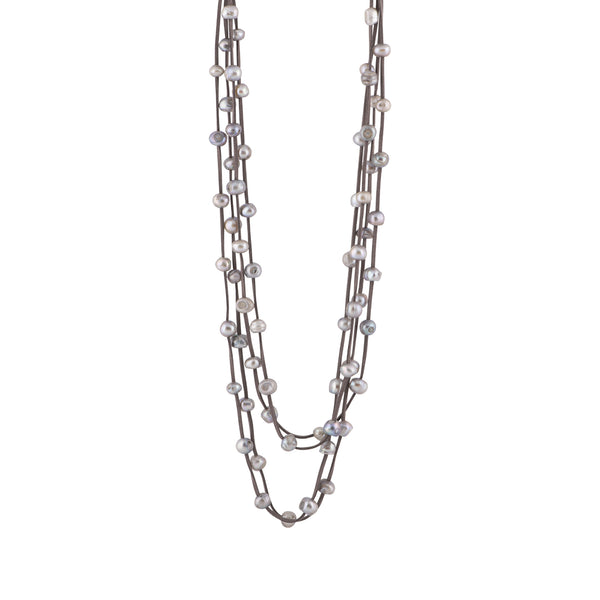 Julie - Multi strand suede necklace with pearls (Dark brown suede, silver pearls)