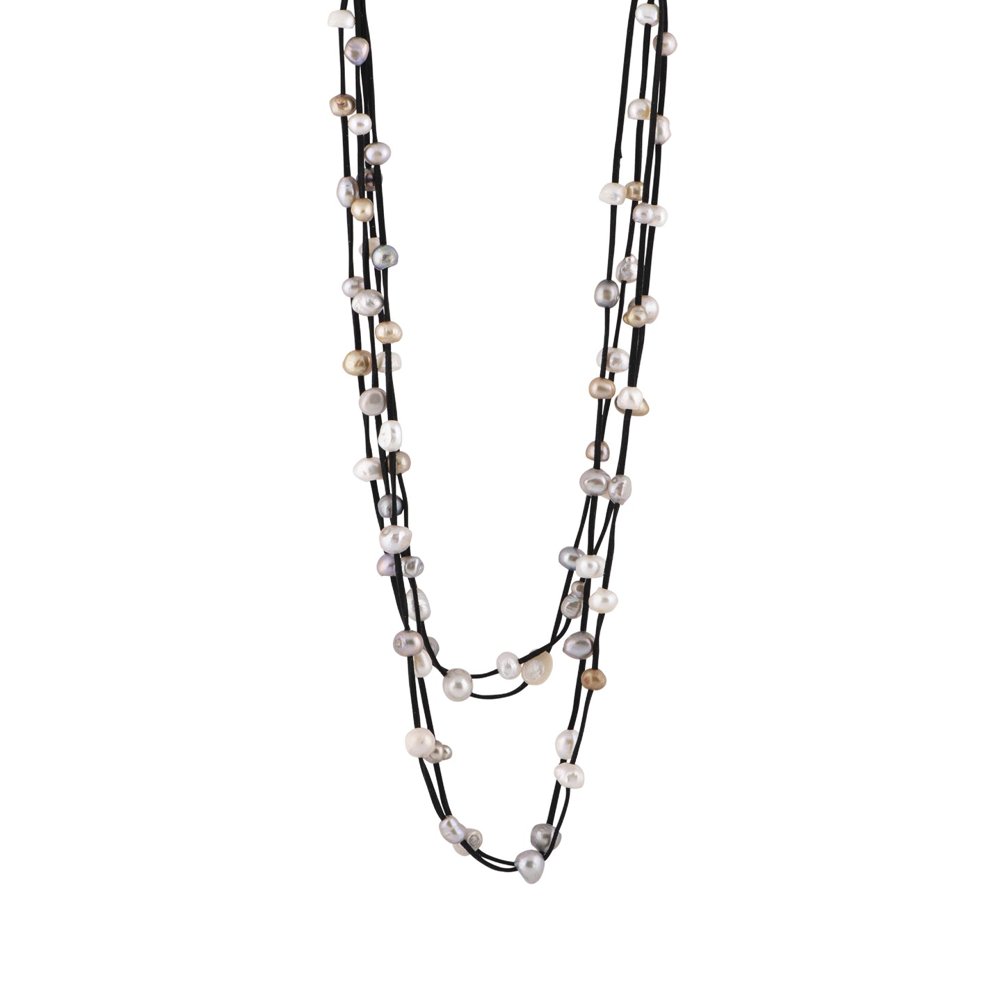 Julie - Multi strand suede necklace with pearls (Black suede, multicolor pearls)