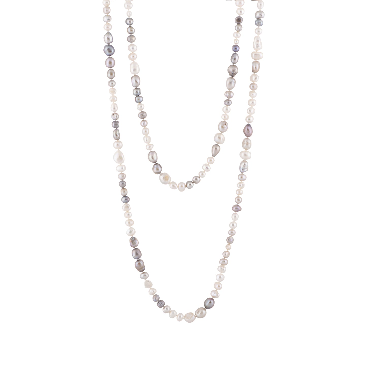 Allison - Long freshwater white pearl necklace (White & silver pearls)