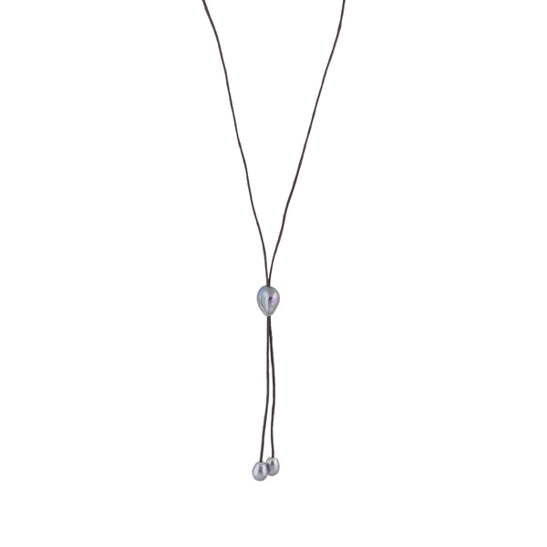 Lily - Freshwater pearl bolo tie (Dark brown strand, dark grey pearls)