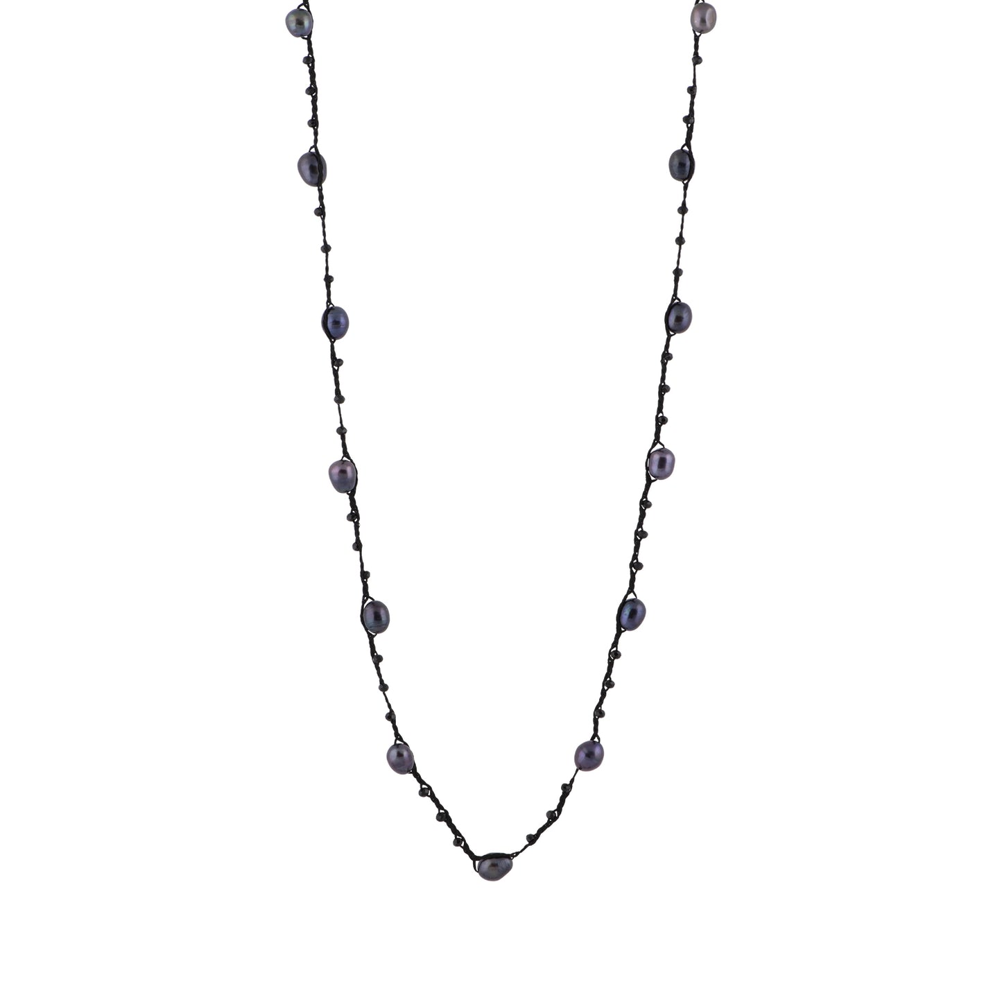 Antonia - Crochet crystal necklace with freshwater pearls (Dark grey pearls)