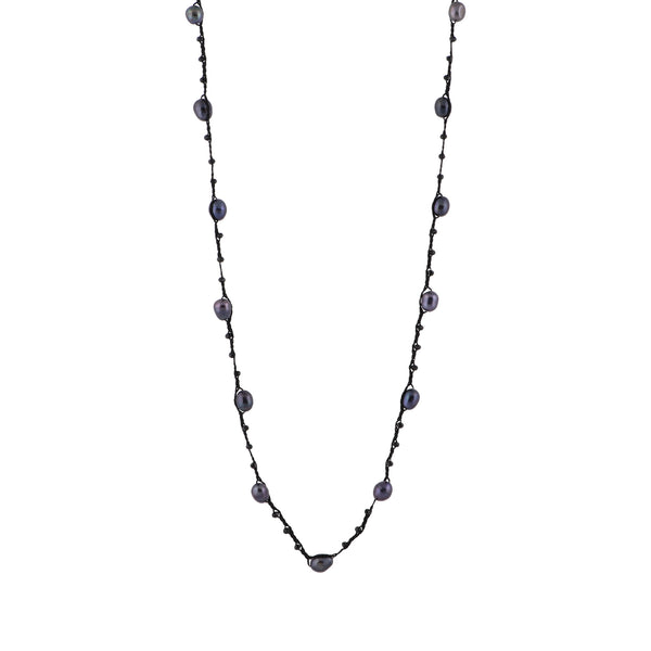 Antonia - Crochet crystal necklace with freshwater pearls (Dark grey pearls)