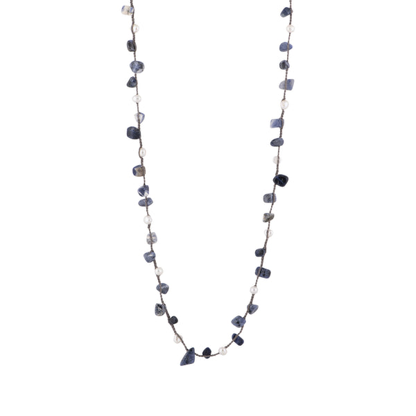 Lexi - Crochet freshwater pearl and stone necklace (Lapis)