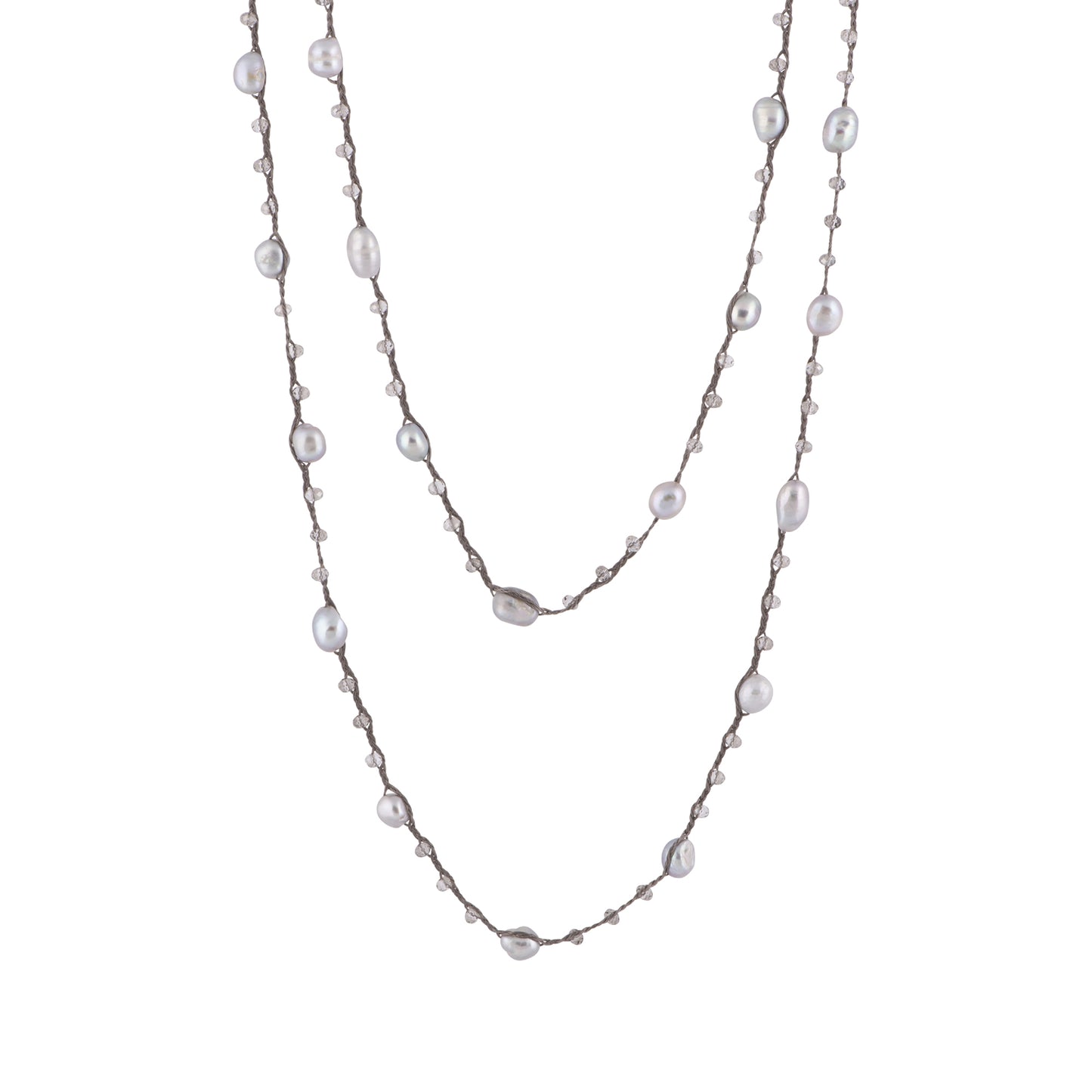 Antonia - Crochet crystal necklace with freshwater pearls (Silver pearls, layered)