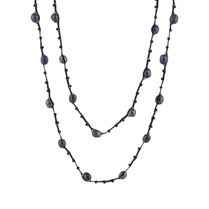 Antonia - Crochet crystal necklace with freshwater pearls (Dark grey pearls, layered)