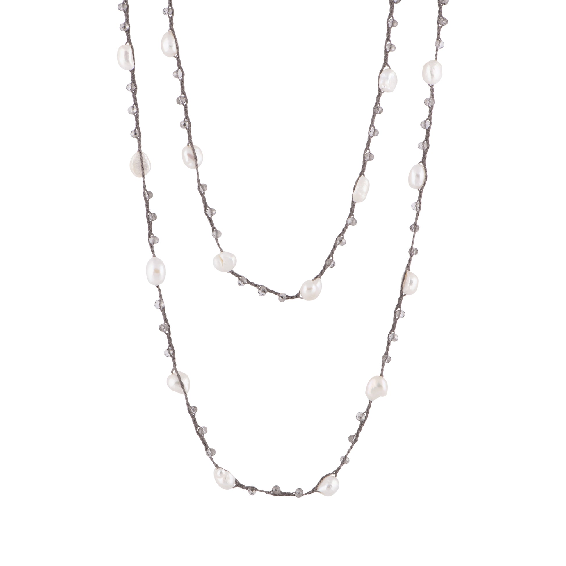 Antonia - Crochet crystal necklace with freshwater pearls (White pearls, layered)