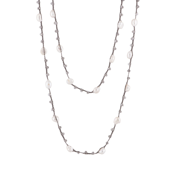 Antonia - Crochet crystal necklace with freshwater pearls (White pearls, layered)