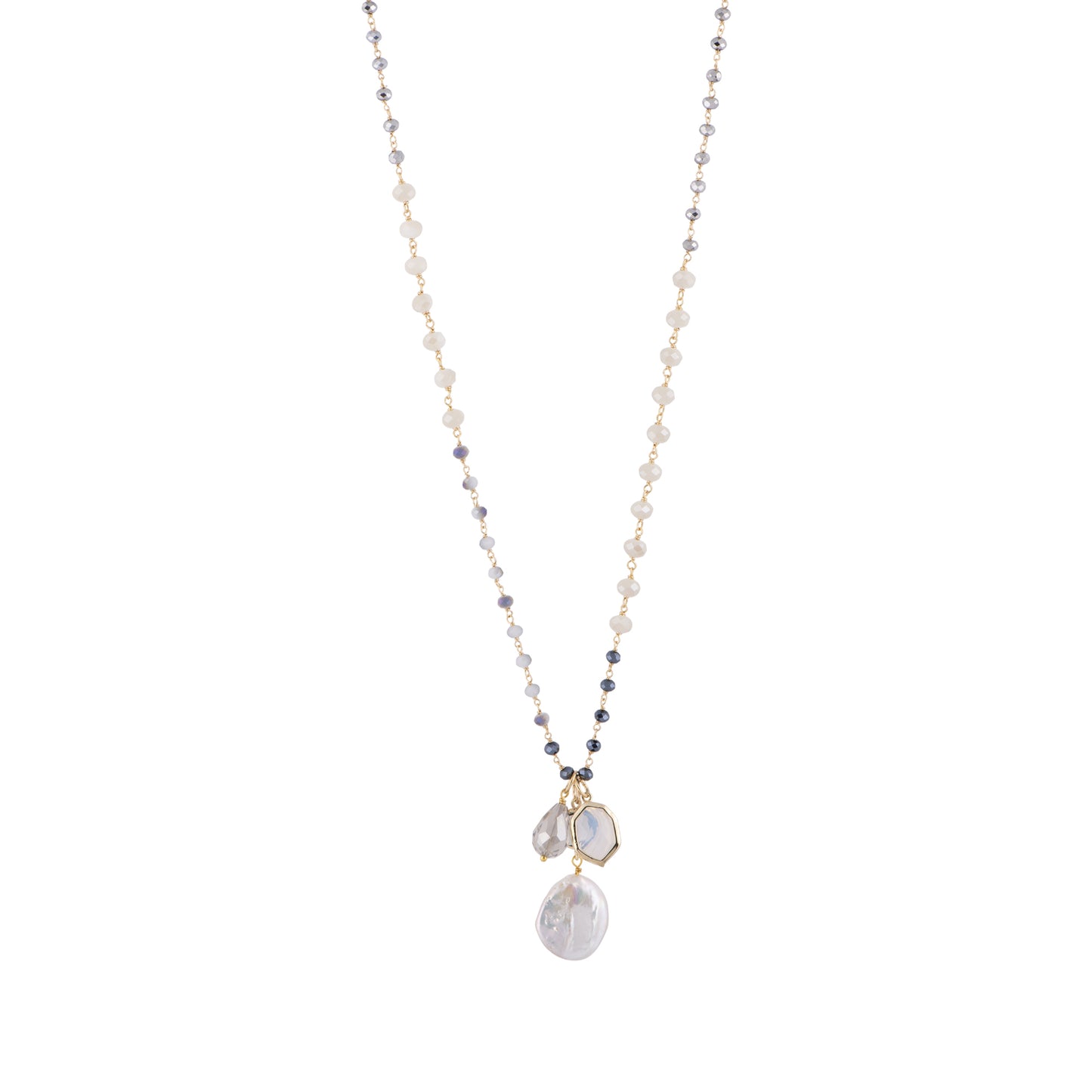 Nicole - Coin pearl rosary chain with hanging charms (Front)