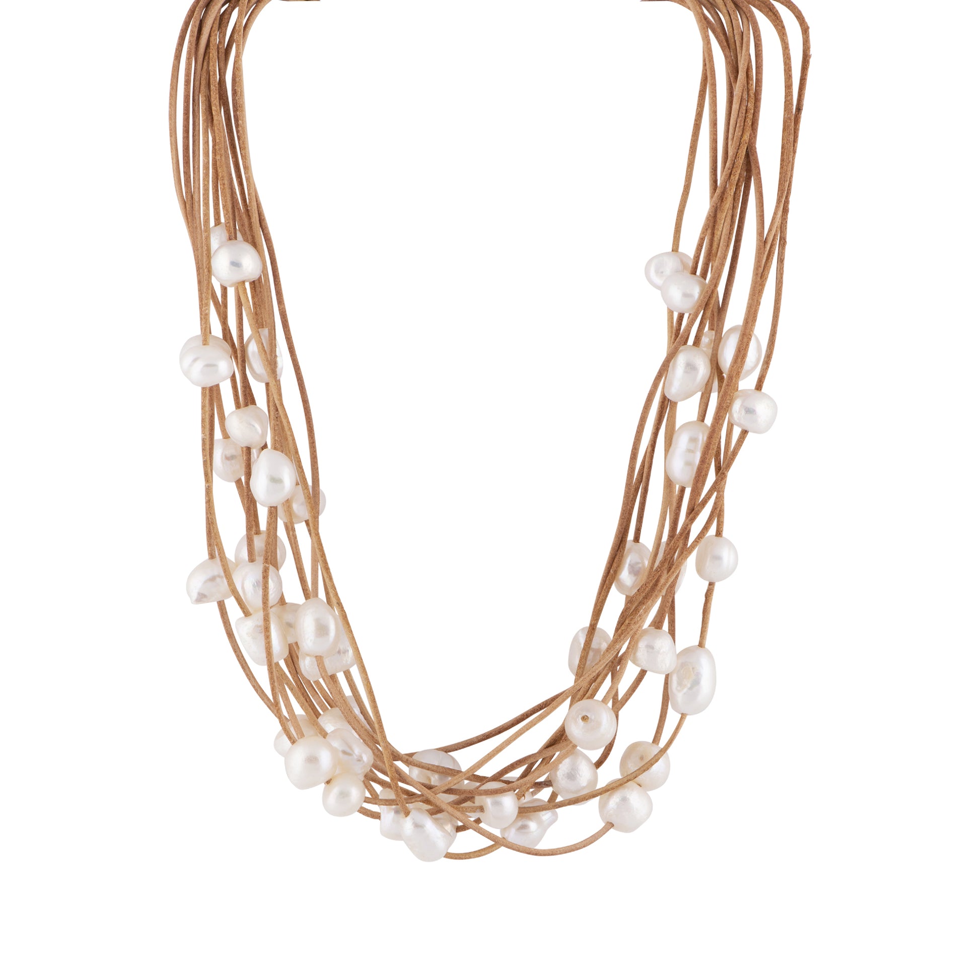 Marrianne - Leather multi-strand freshwater pearl necklace (Tan strand, white pearls)
