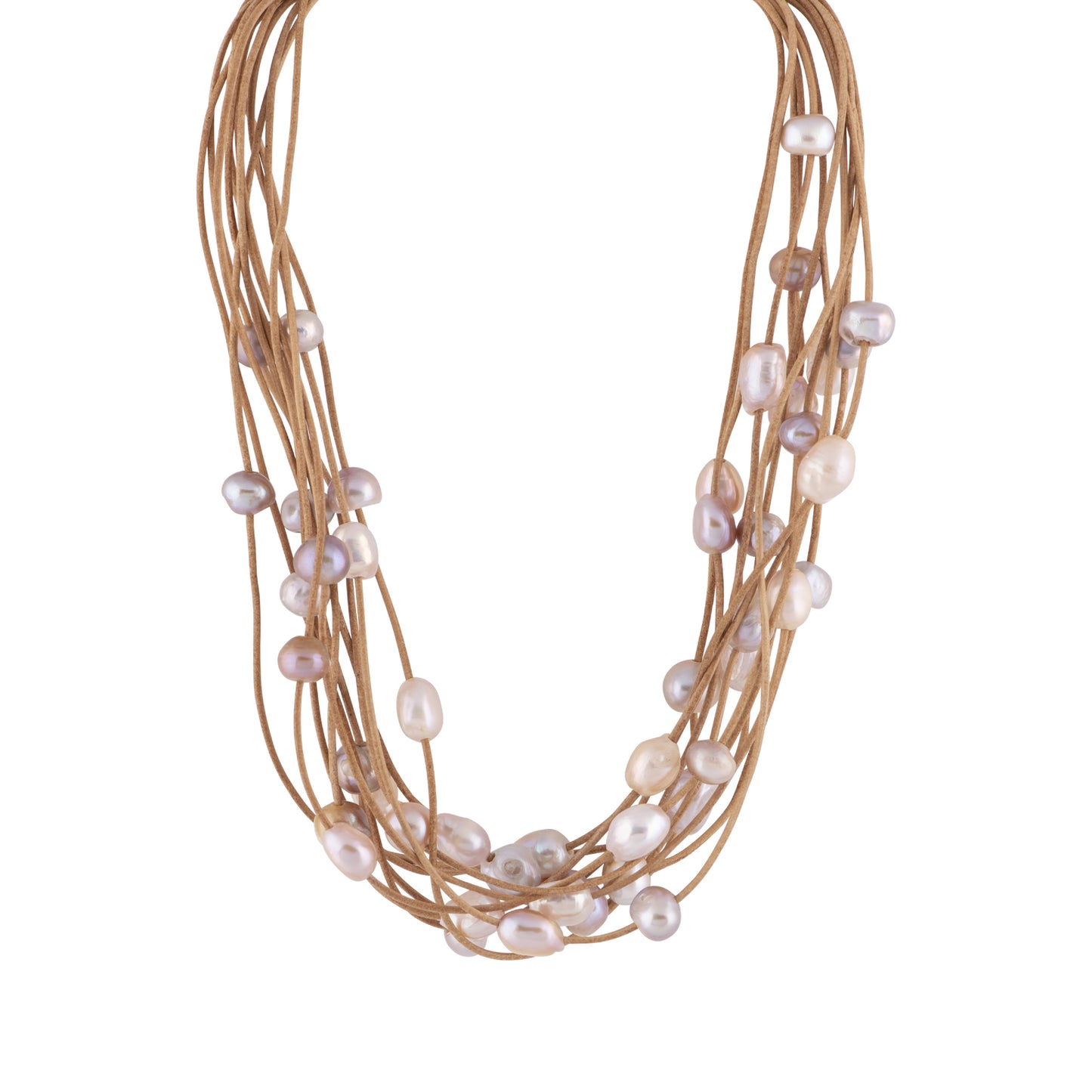 Marrianne - Leather multi-strand freshwater pearl necklace (Tan strand, natural pearls)
