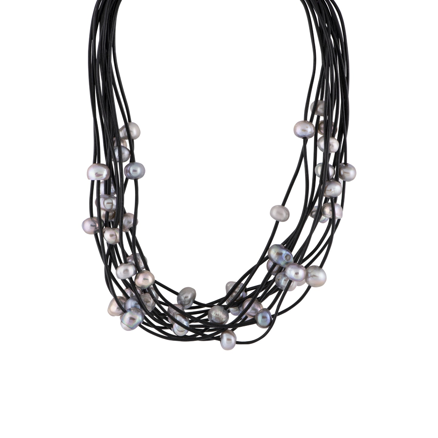 Marrianne - Leather multi-strand freshwater pearl necklace (Black strand, silver pearls)