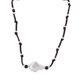 Karla - Suede knotted baroque pearl necklace (Dark brown suede)