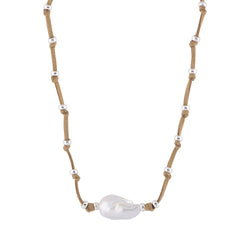 Karla - Suede knotted baroque pearl necklace (Tan suede)