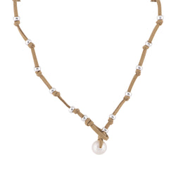 Karla - Suede knotted baroque pearl necklace (Tan clasp)
