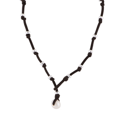Karla - Suede knotted baroque pearl necklace (Dark brown clasp)