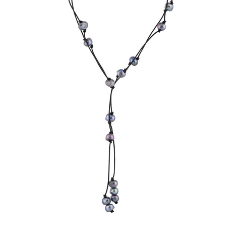 Susanne - Black leather pearl lariat necklace