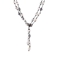 Alana - Leather hand knotted freshwater pearl lariat necklace with baroque freshwater pearl ends (Black strand)