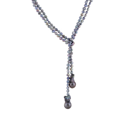 Denise - Baroque and Freshwater pearl lariat necklace (Dark grey pearls, layered)