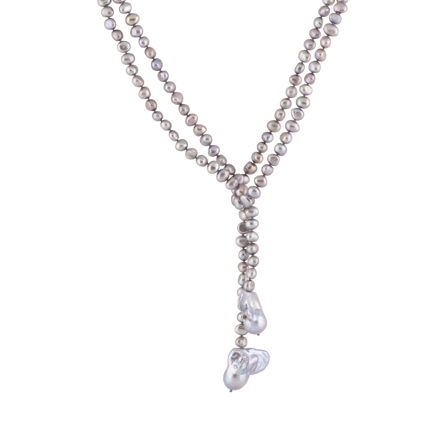 Denise - Baroque and Freshwater pearl lariat necklace (Silver pearls, layered)
