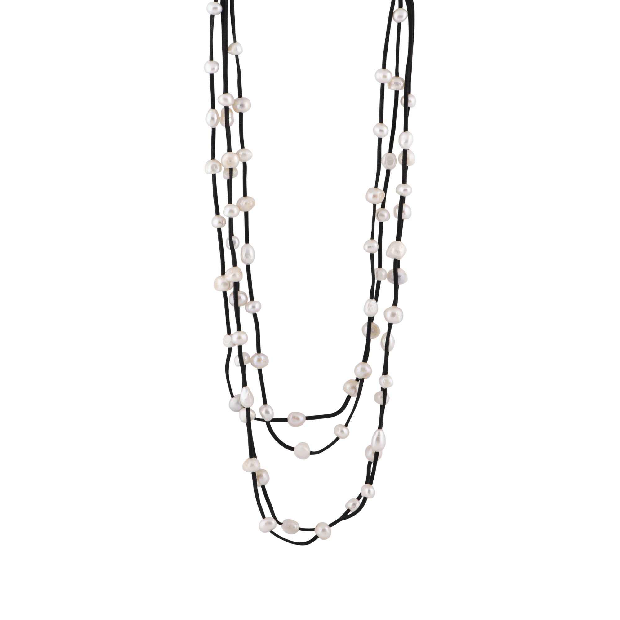 Julie - Long Multi-Strand Suede Freshwater Pearl Necklace - The
