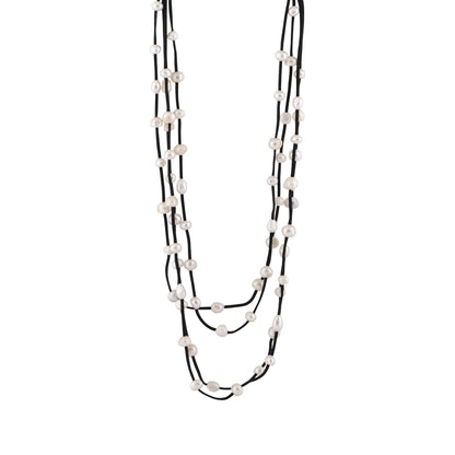 Julie - Multi strand suede necklace with pearls (Black suede, white pearls)