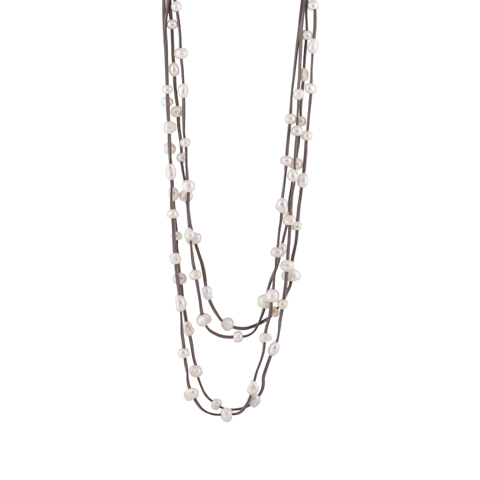 Julie - Multi strand suede necklace with pearls (Dark brown suede, white pearls)