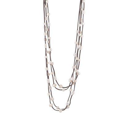 Julie - Multi strand suede necklace with pearls (Dark brown suede, white pearls)