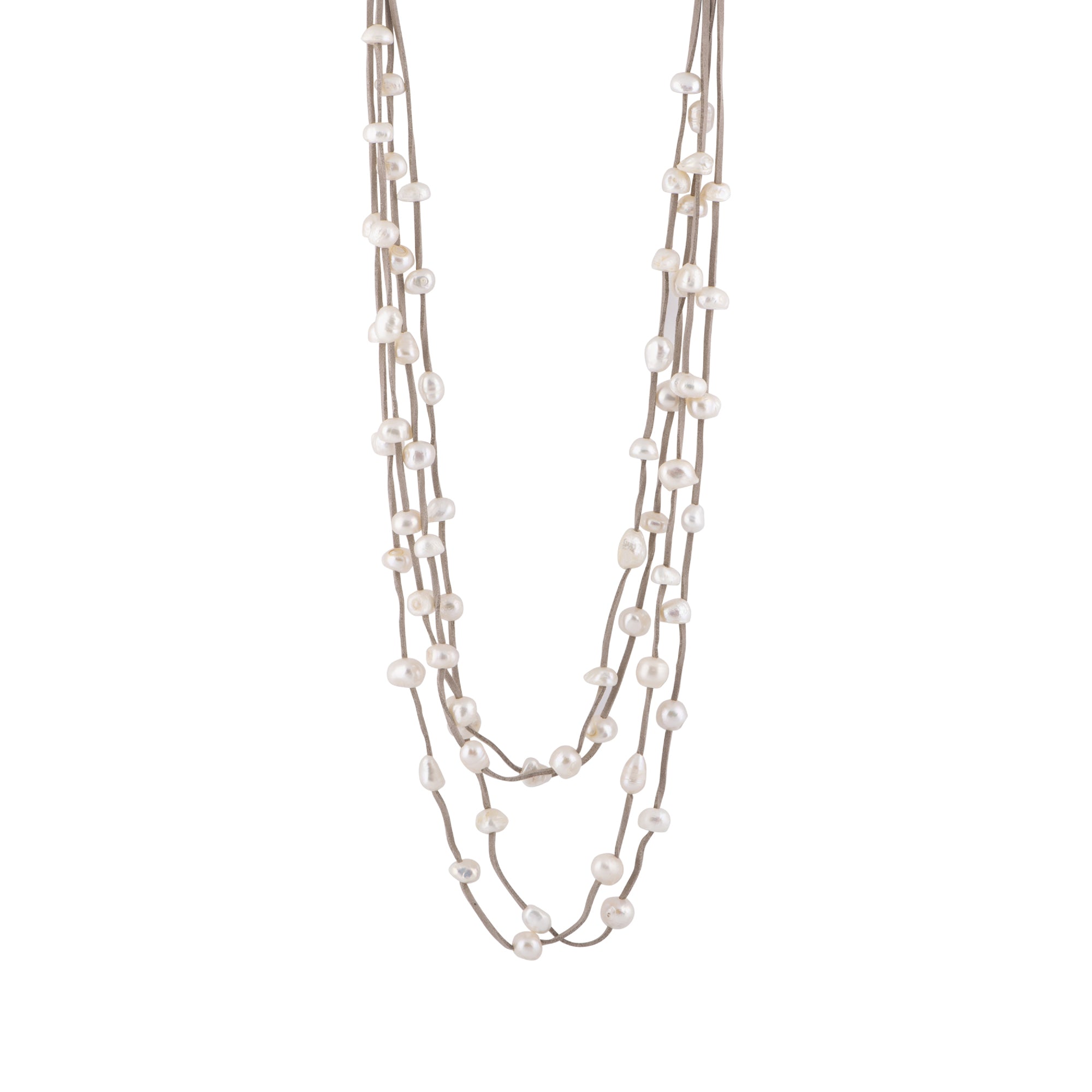 Julie - Long Multi-Strand Suede Freshwater Pearl Necklace - The