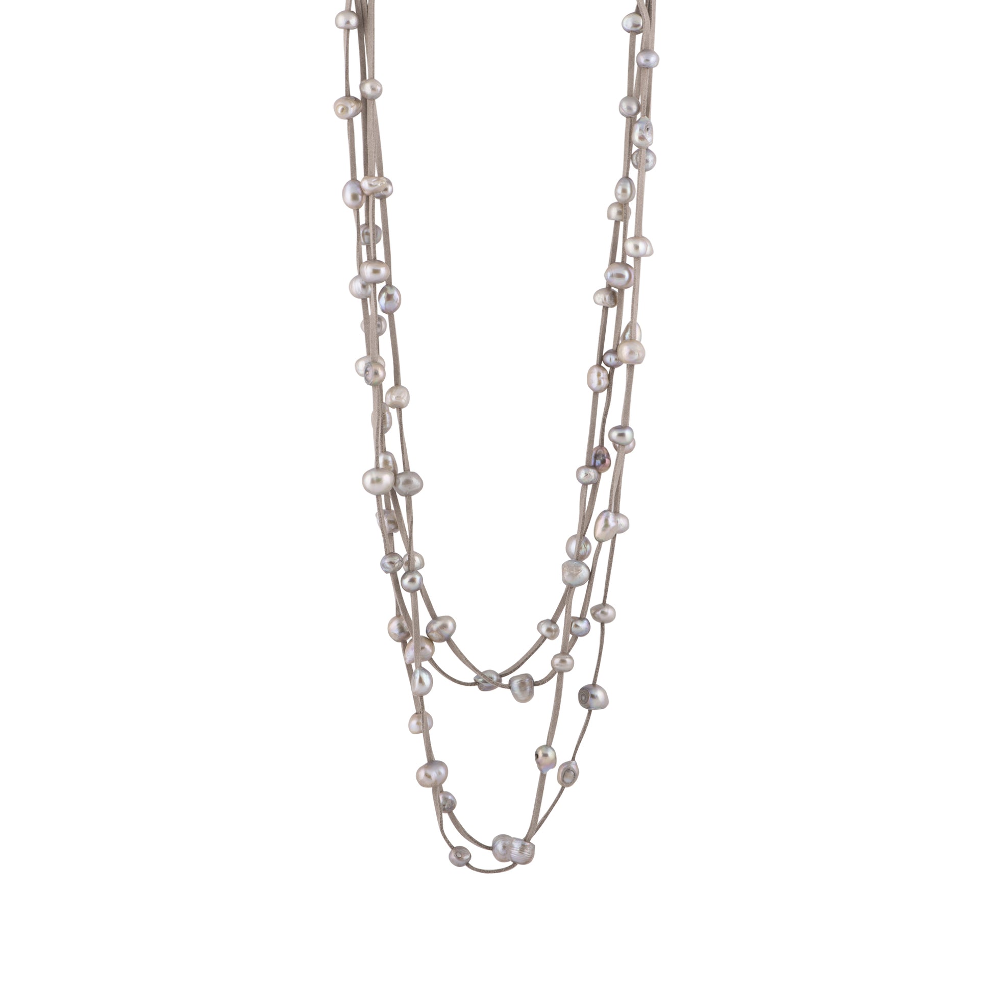 Julie - Multi strand suede necklace with pearls (Grey suede, silver pearls)