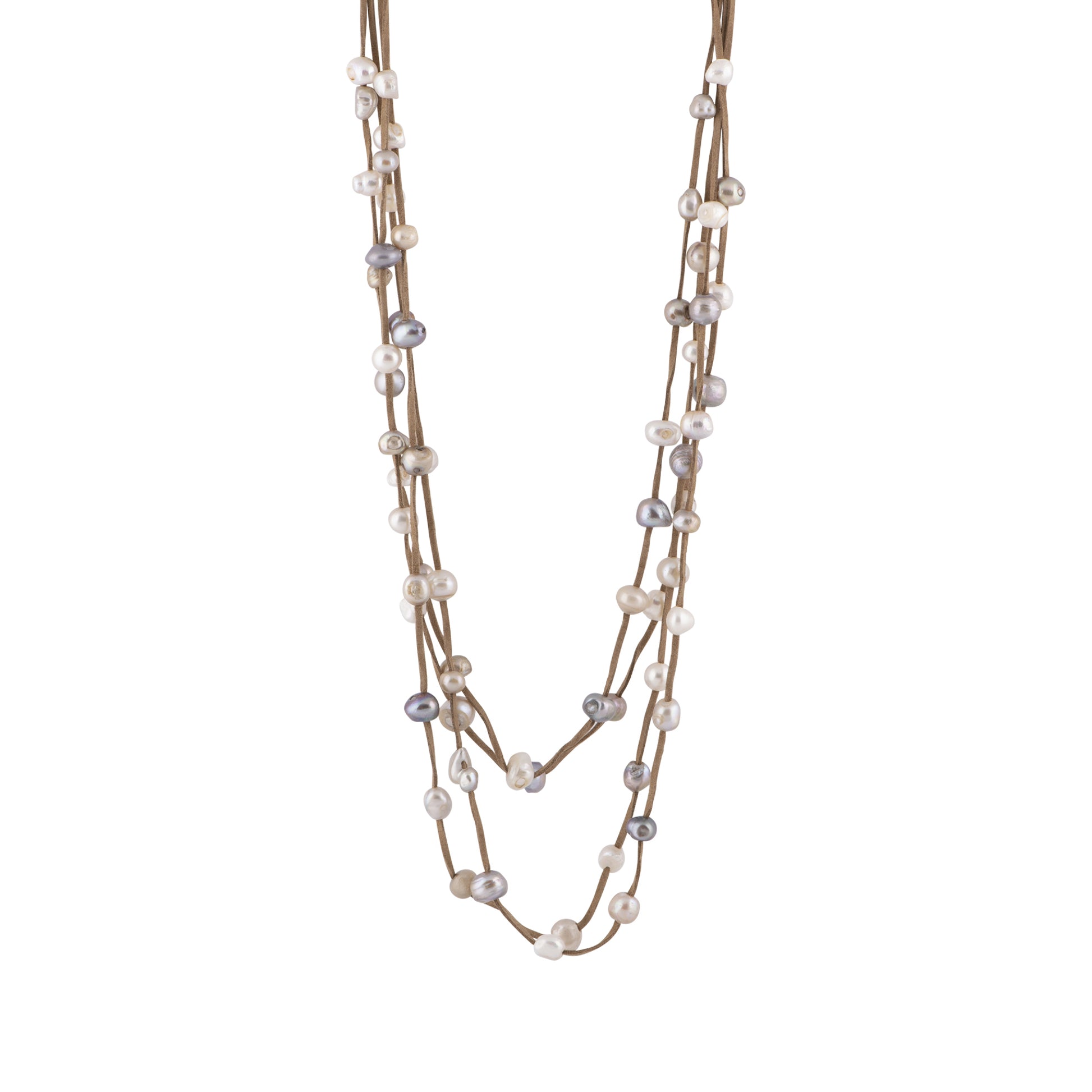 Julie - Multi strand suede necklace with pearls (Tan suede, multicolor pearls)