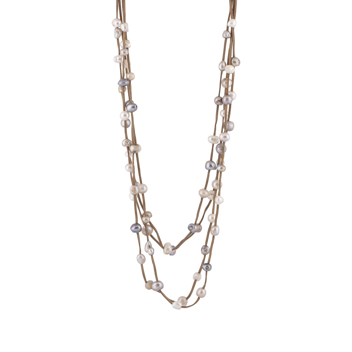 Julie - Multi strand suede necklace with pearls (Tan suede, multicolor pearls)