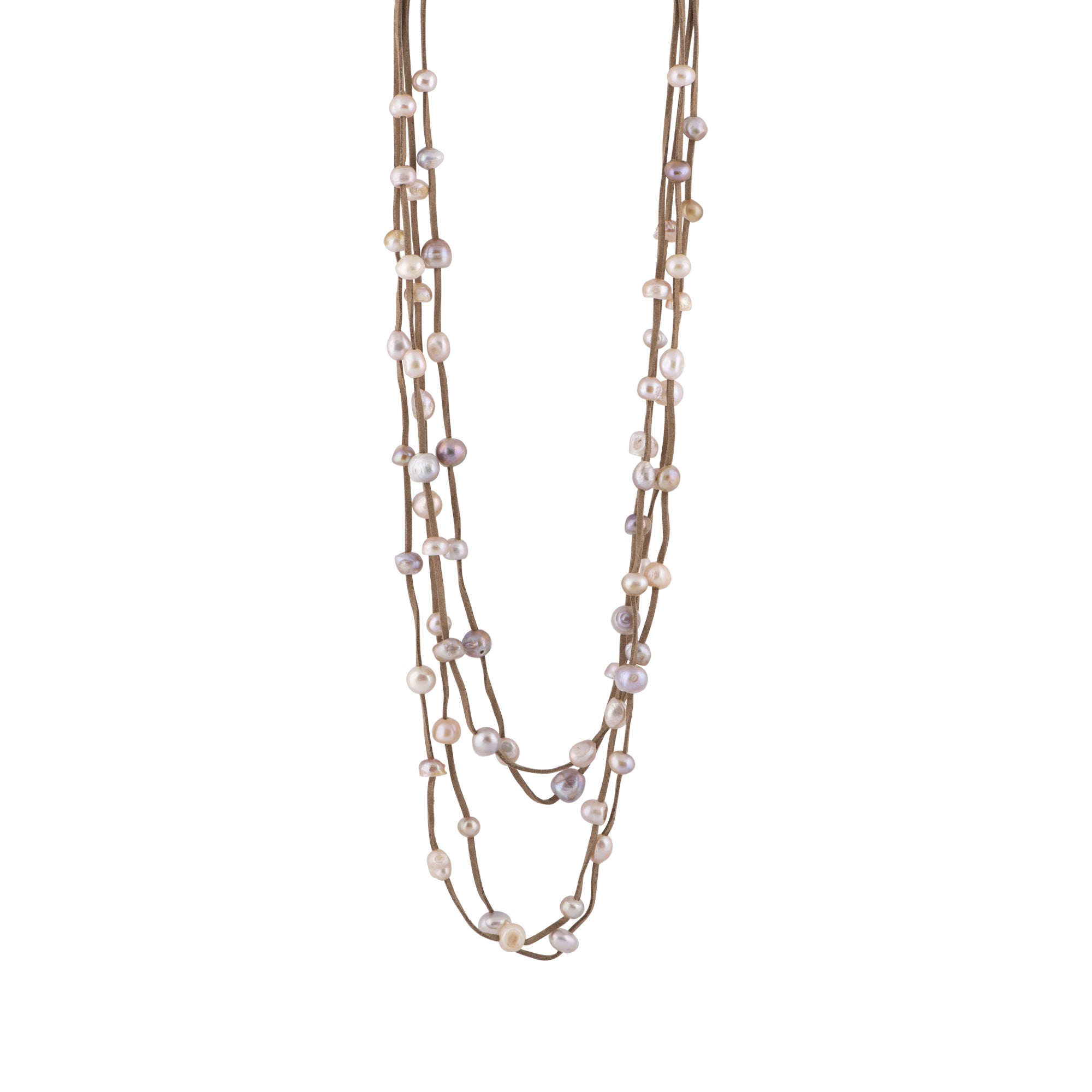 Julie - Long Multi-Strand Suede Freshwater Pearl Necklace - The