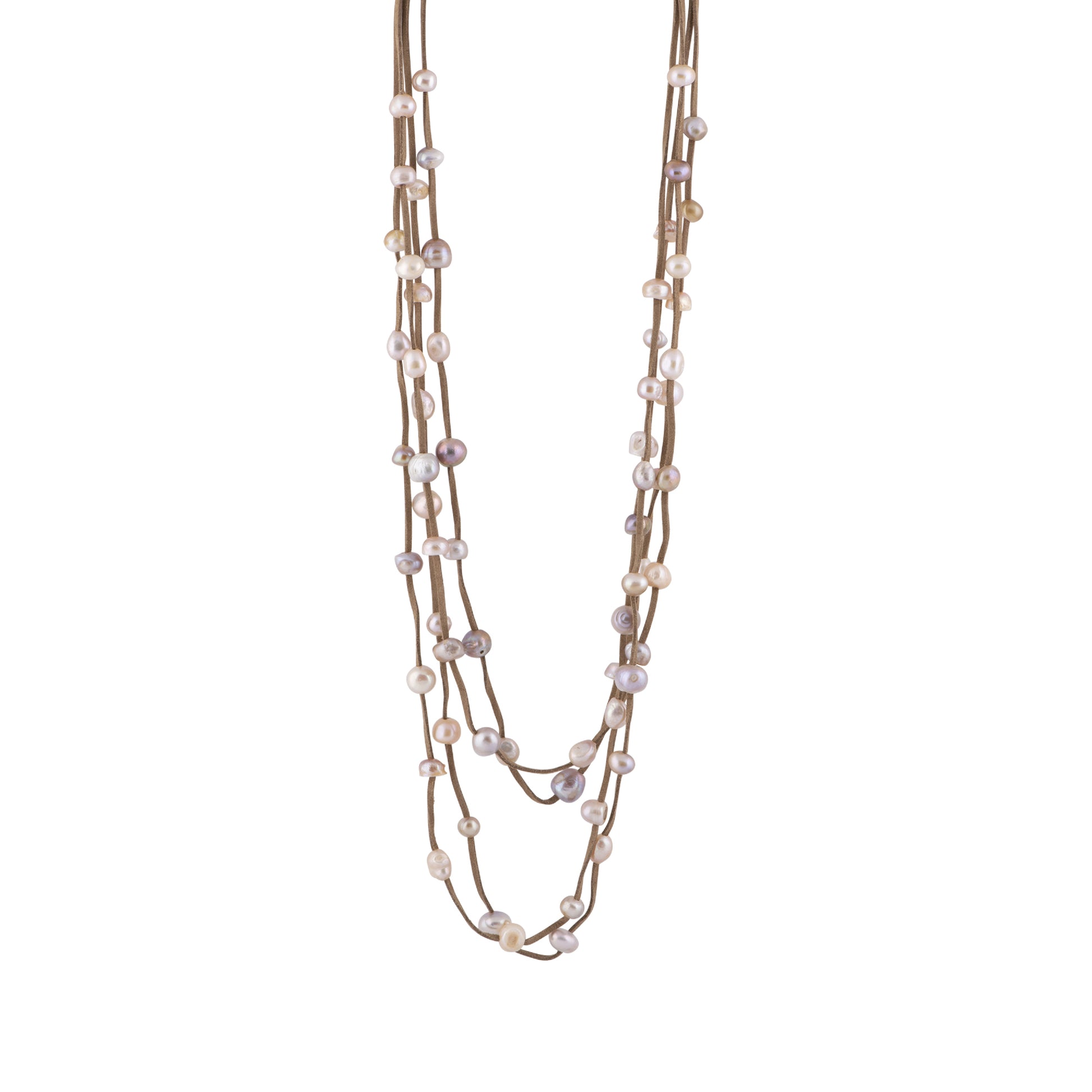 Julie - Multi strand suede necklace with pearls (Tan suede, natural pearls)