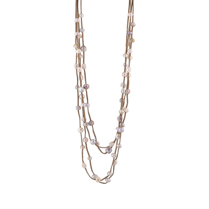 Julie - Multi strand suede necklace with pearls (Tan suede, natural pearls)