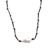 Karla - Suede knotted baroque pearl necklace (Black suede)
