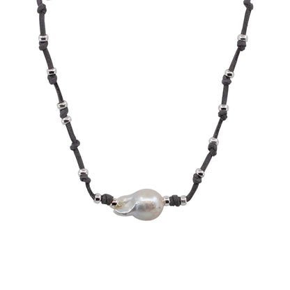 Karla - Hand-Knotted Suede and Freshwater Pearl Baroque Necklace