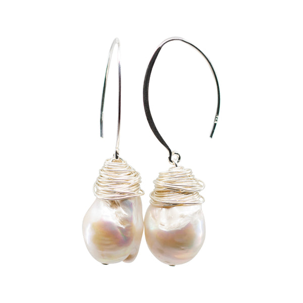 Lani - Silver-Tone Wire-Wrapped Freshwater Pearl Dangle Earrings