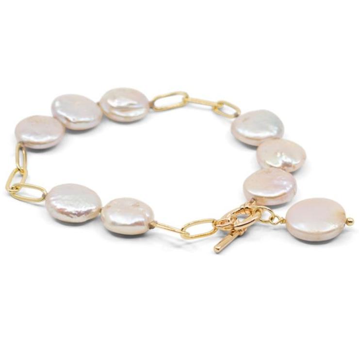 Morava - Gold-Tone Paperclip Freshwater Coin Pearl Bracelet – The