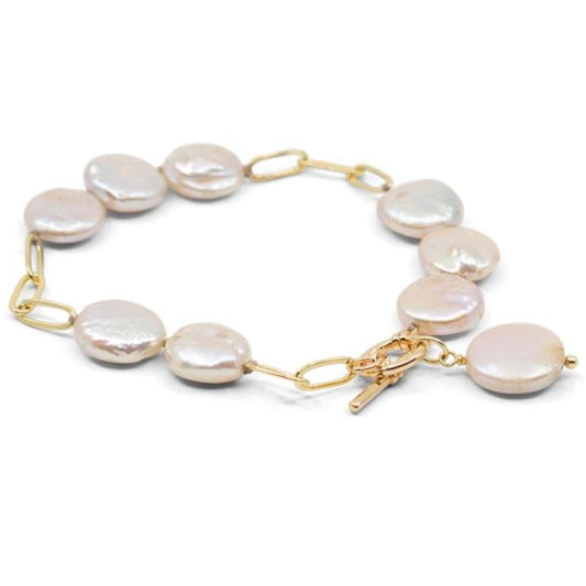 Morava - Gold-Tone Paperclip Freshwater Coin Pearl Bracelet