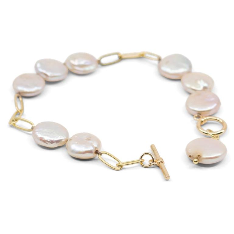 Morava - Gold-Tone Paperclip Freshwater Coin Pearl Bracelet – The