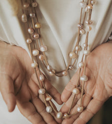 Julie - Multi strand suede necklace with pearls (Tan suede, white pearls)