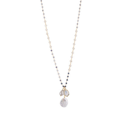 Nicole - Coin pearl rosary chain with hanging charms (Front)